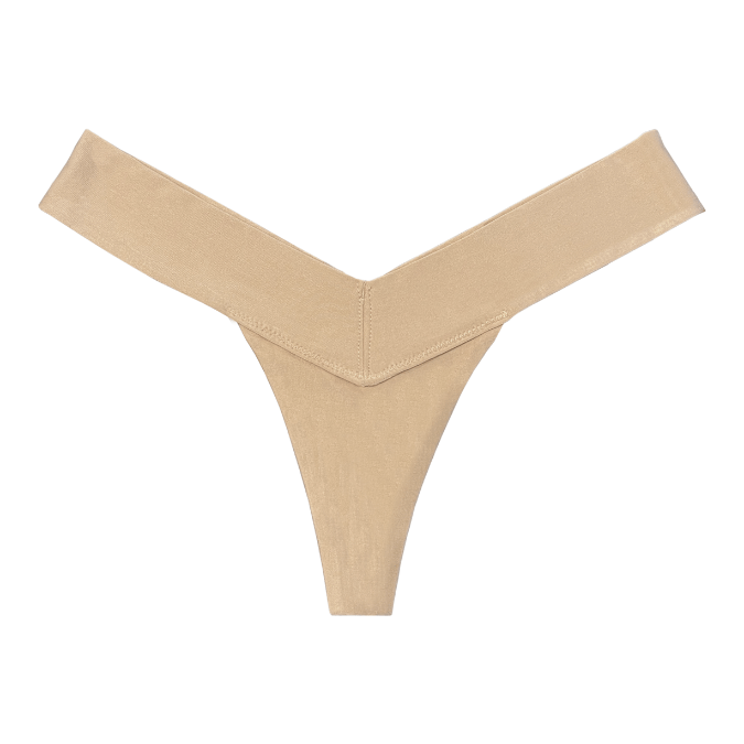 Beige V-shaped breathable thong underwear for women, front view flat lay