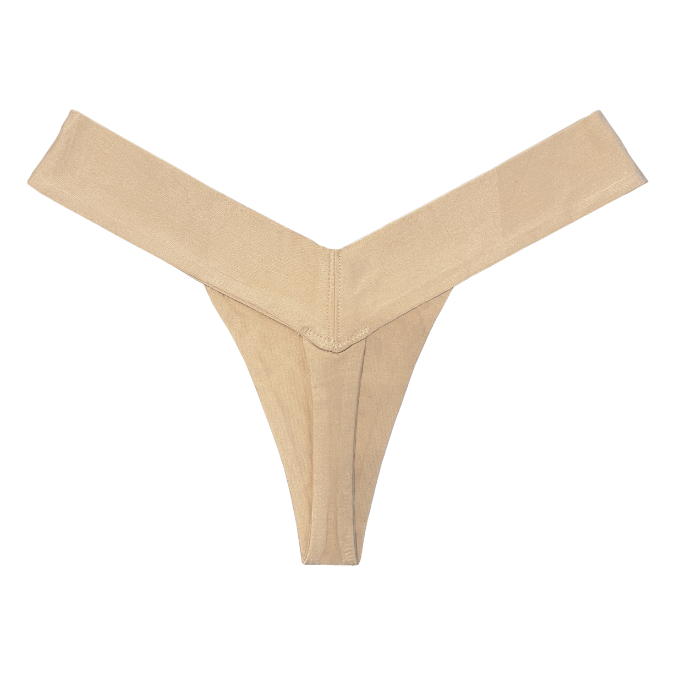 Beige V-shaped eco-friendly women’s panty thong, back view flat lay product photo