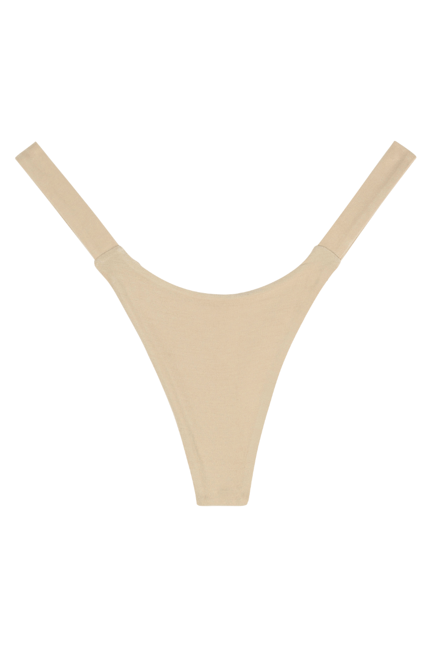 Beige seamless breathable thong underwear for women, front view flat lay