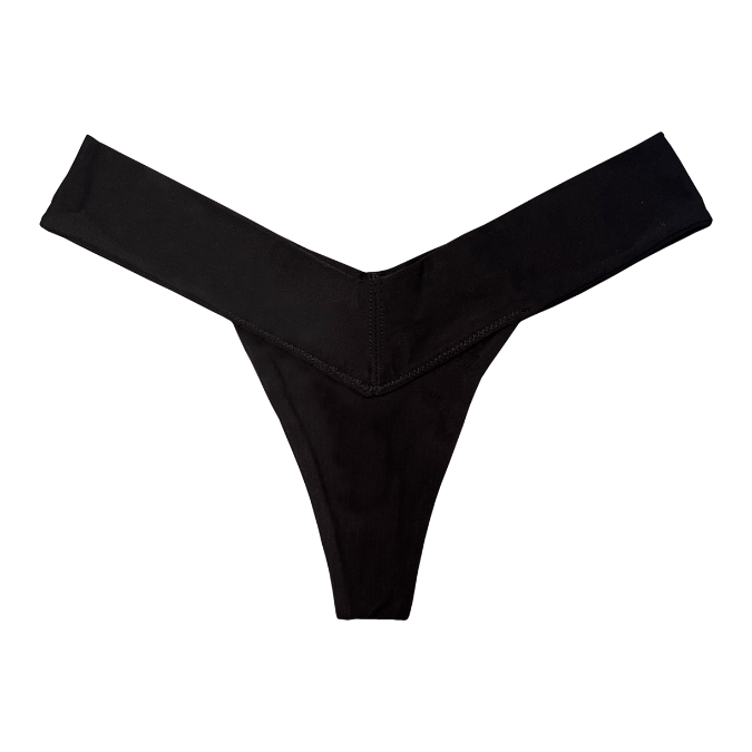 Black V-shaped breathable thong underwear for women, front view flat lay