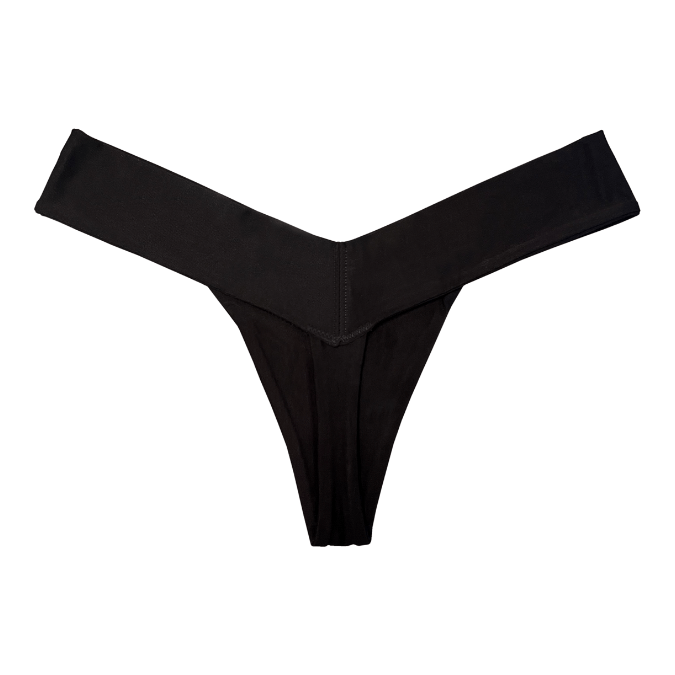 Black V-shaped eco-friendly women’s panty, back view flat lay photo