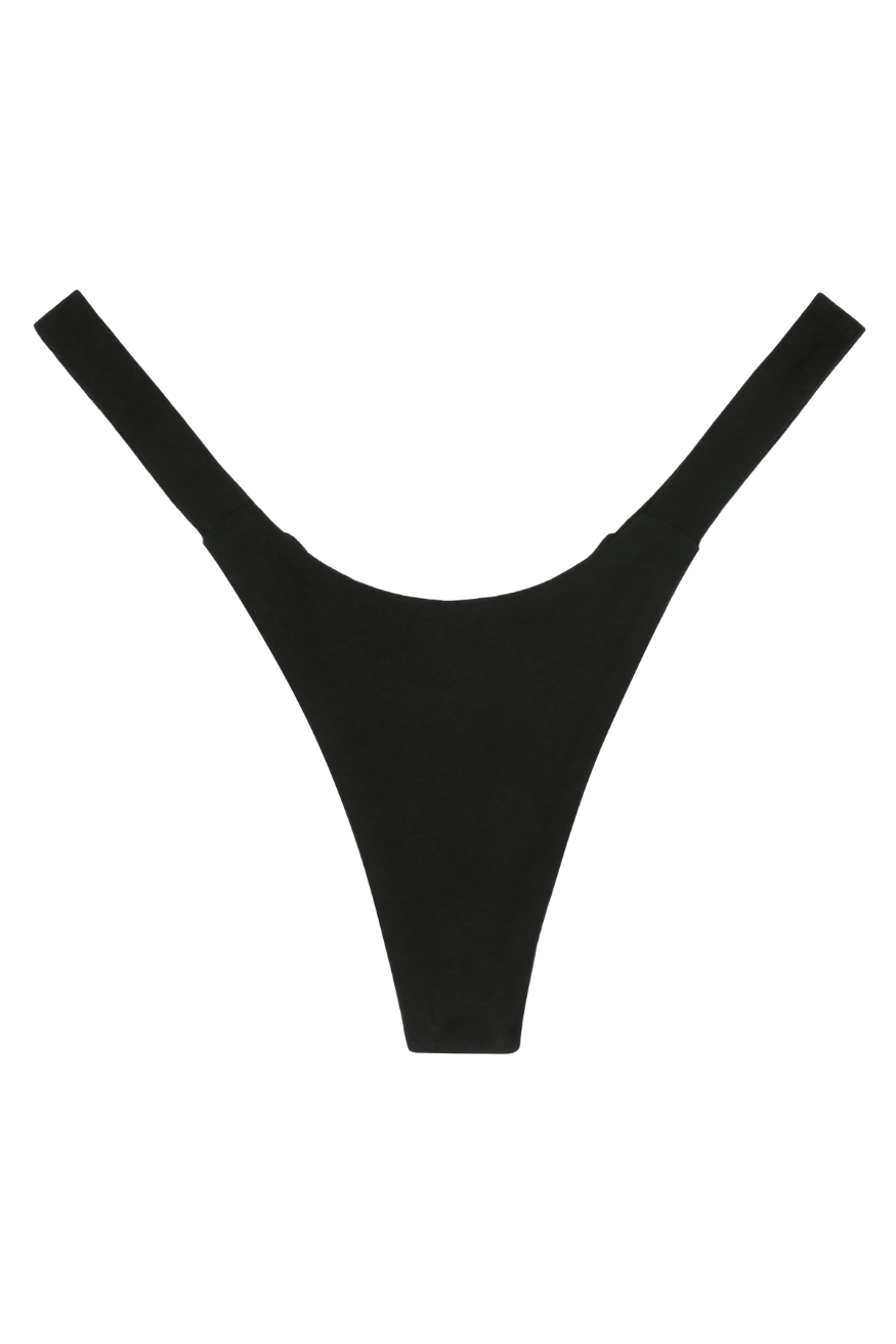 Black seamless Tanboocel™ thong underwear for women, front view flat lay photo