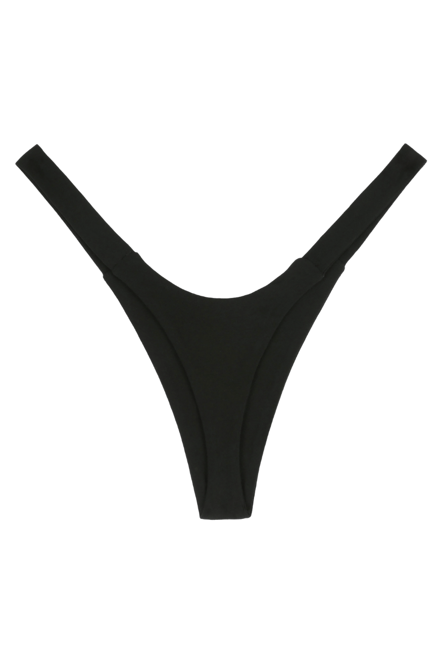 Black seamless bamboo women’s thong, back view flat lay product photo