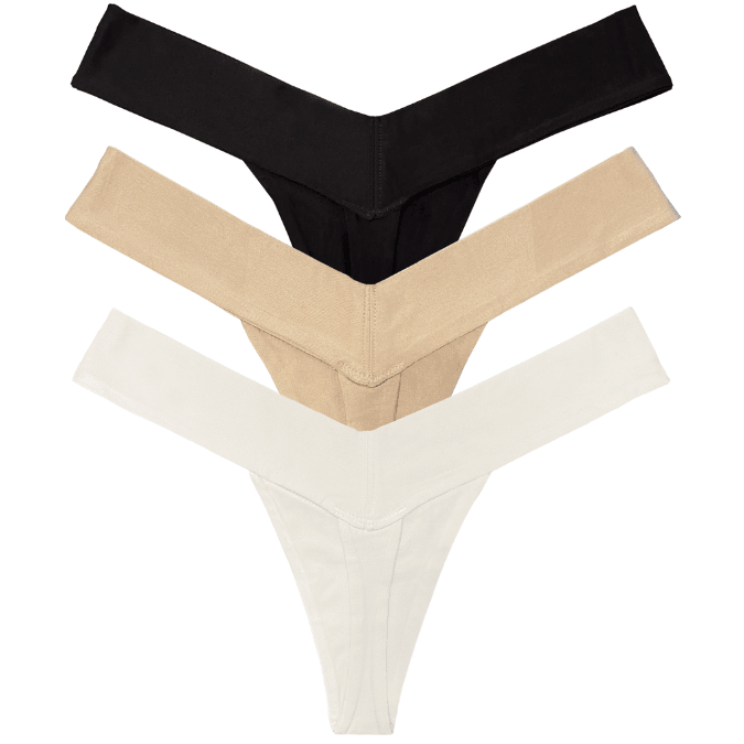 Eco-friendly women’s V-shaped thong underwear, 3-pack set in neutral black, white, and beige, back view flat lay.