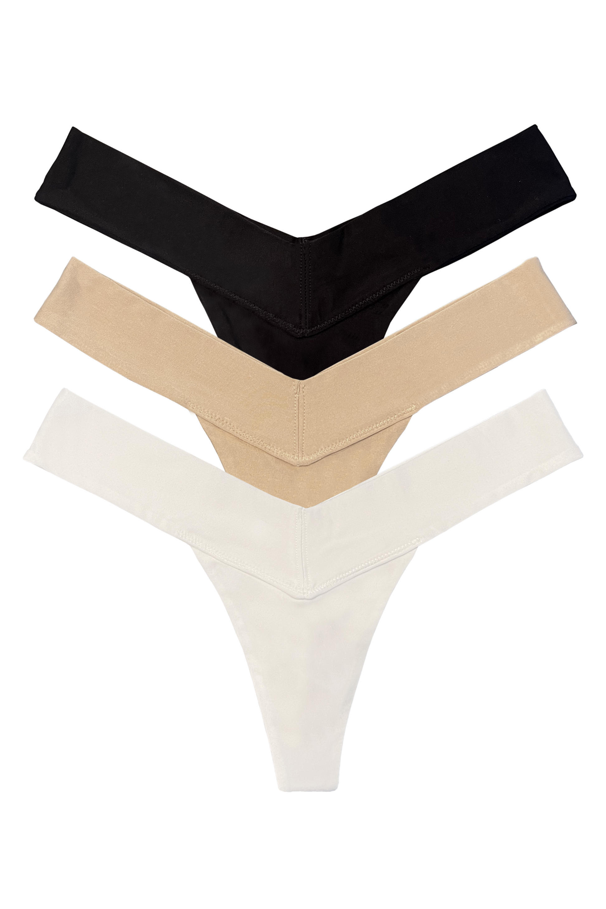 Natural fabric V-shaped women’s panty, 3-pack set in white, beige, and black, seamless design, flat lay front view