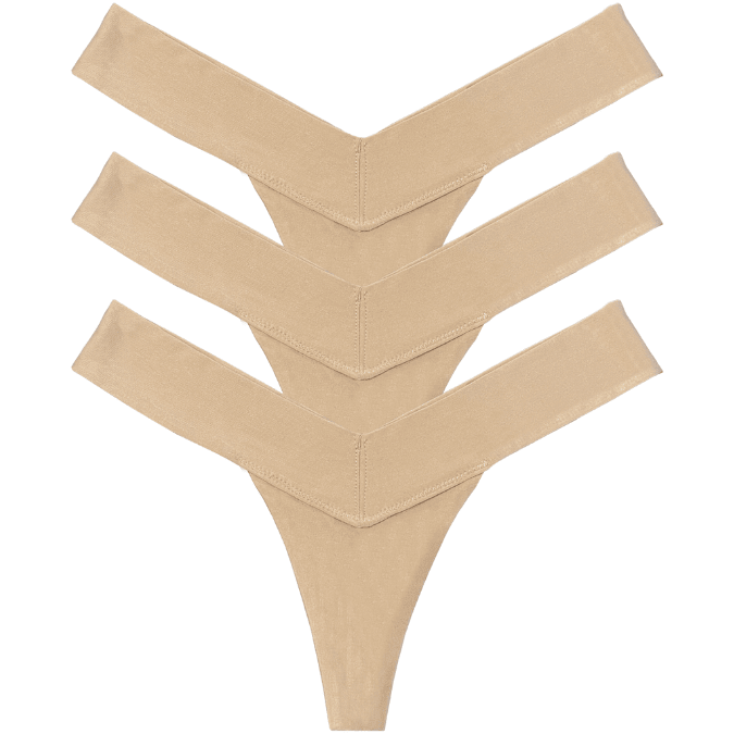 Three beige V-shaped Tanboocel™ women’s thong panties, multipack underwear, front view flat lay