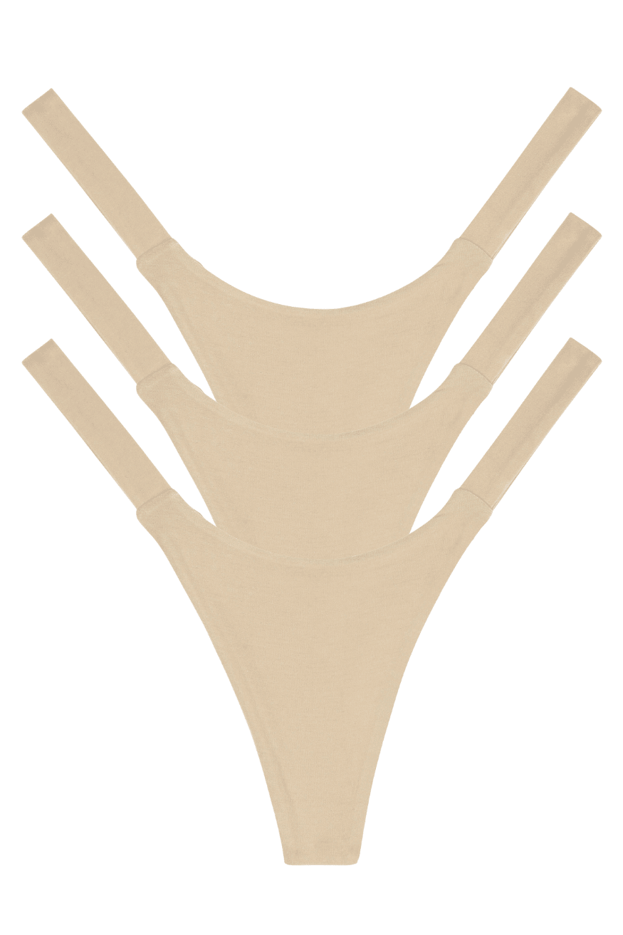 Three beige seamless eco-friendly women’s panties, multipack thong underwear, front view flat lay