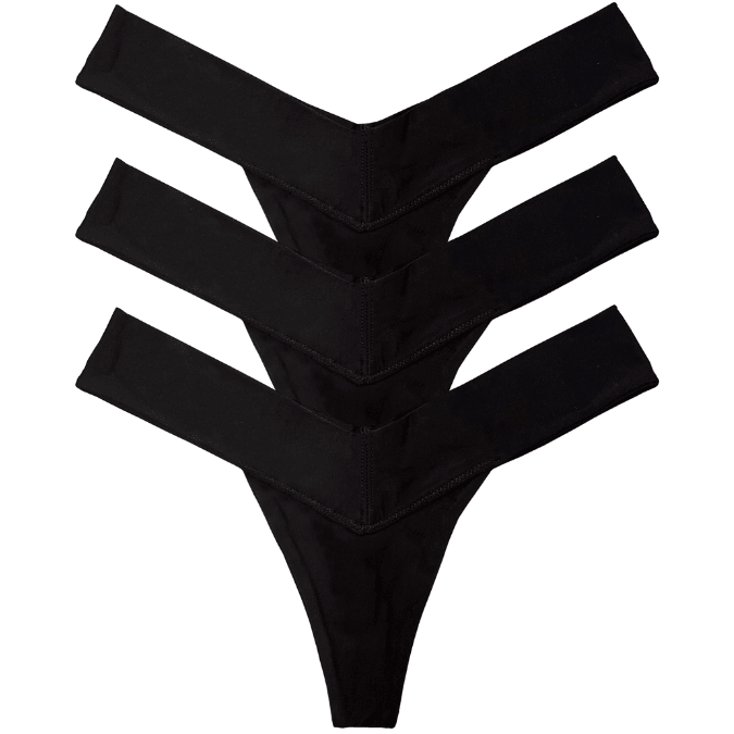 Three black V-shaped Tanboocel™ women’s underwear panties, multipack thong set, front view flat lay
