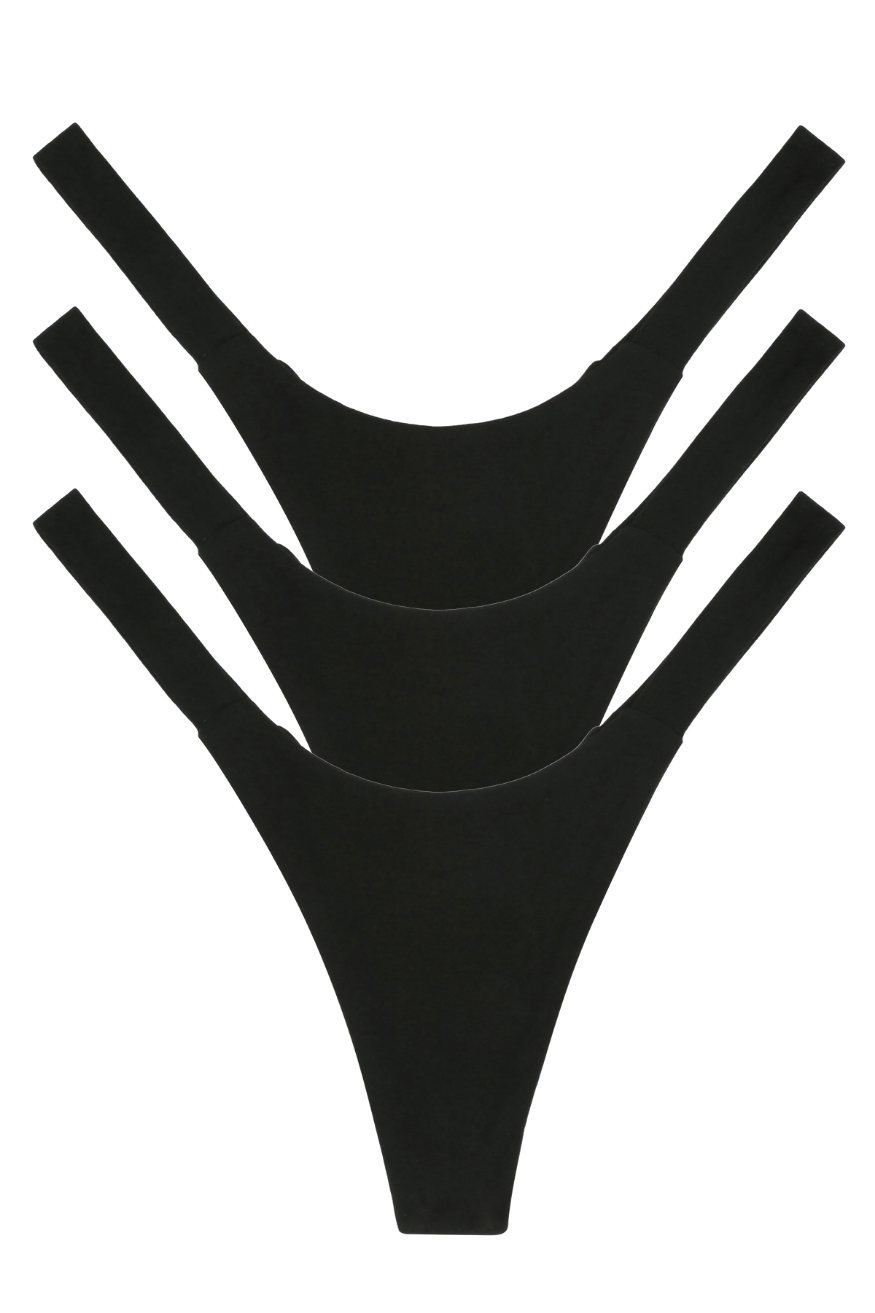 Three black seamless luxury women’s panties, multipack underwear thong set, front view flat lay
