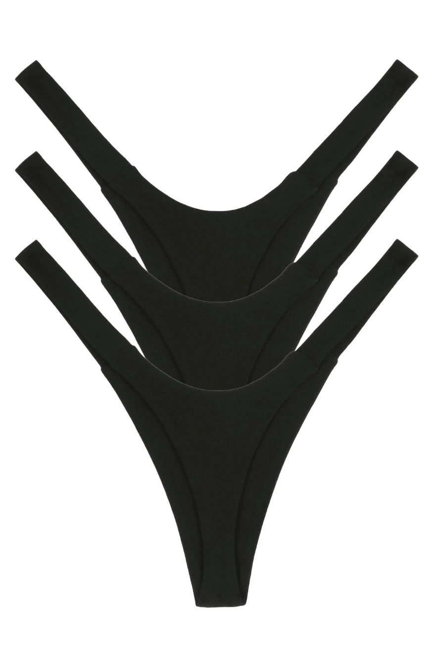 Three black seamless natural fabric women’s thong panties, multipack back view flat lay