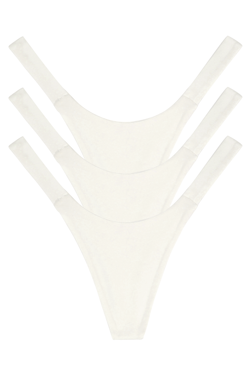 Three white seamless natural fabric women’s underwear panties, multipack front view flat lay