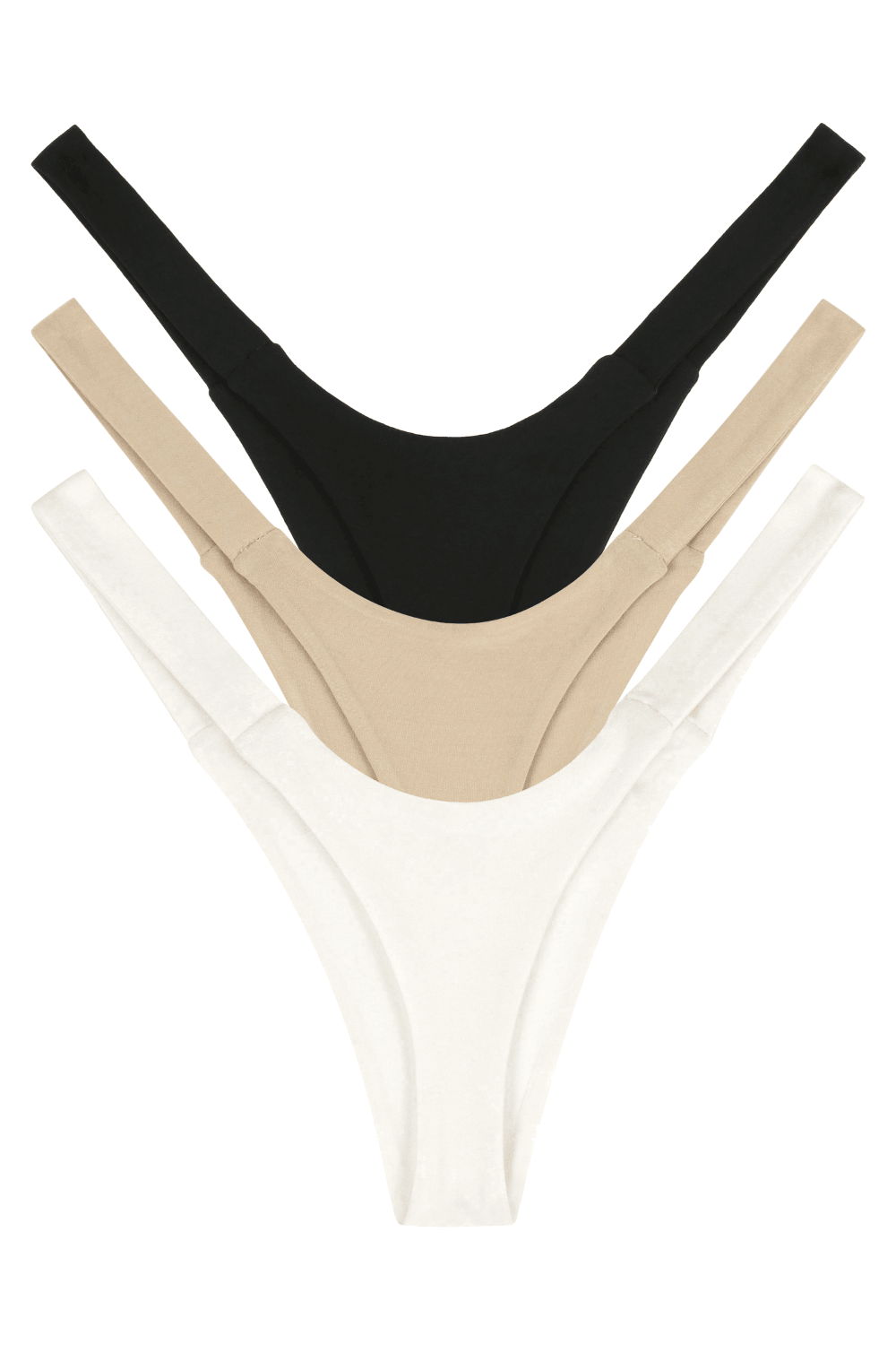 Three flat lay womens underwear seamless thongs in black, beige, and white colors, back.