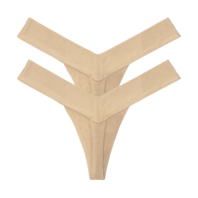 Two beige V-shaped bamboo women’s thong underwear, multipack back view flat lay