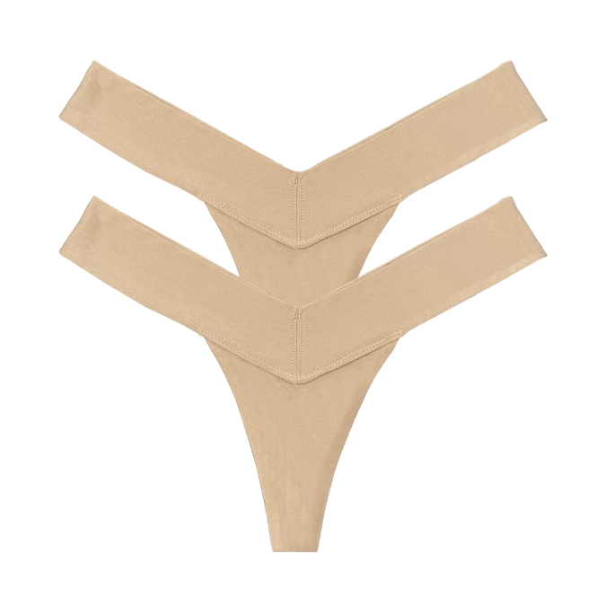 Two beige V-shaped luxury women’s panties, multipack underwear, front view flat lay