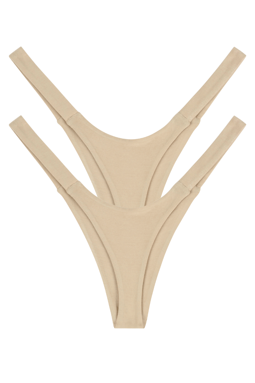 Two beige seamless Tanboocel™ women’s underwear thongs, multipack back view flat lay