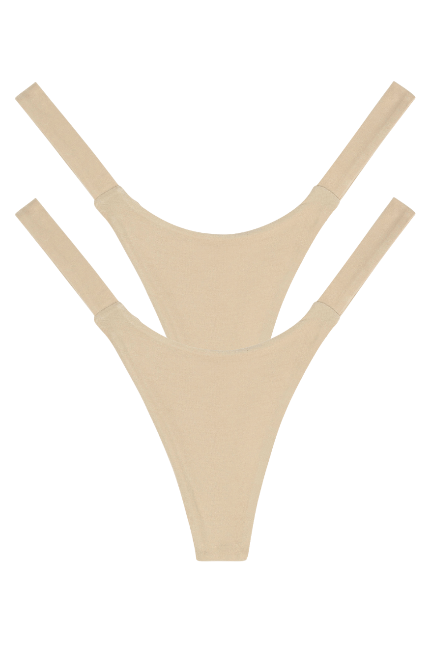 Two beige seamless bamboo women’s panties, multipack underwear, front view flat lay