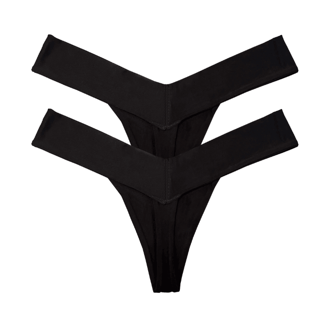 Two black V-shaped bamboo women’s thong panties, multipack underwear, back view flat lay