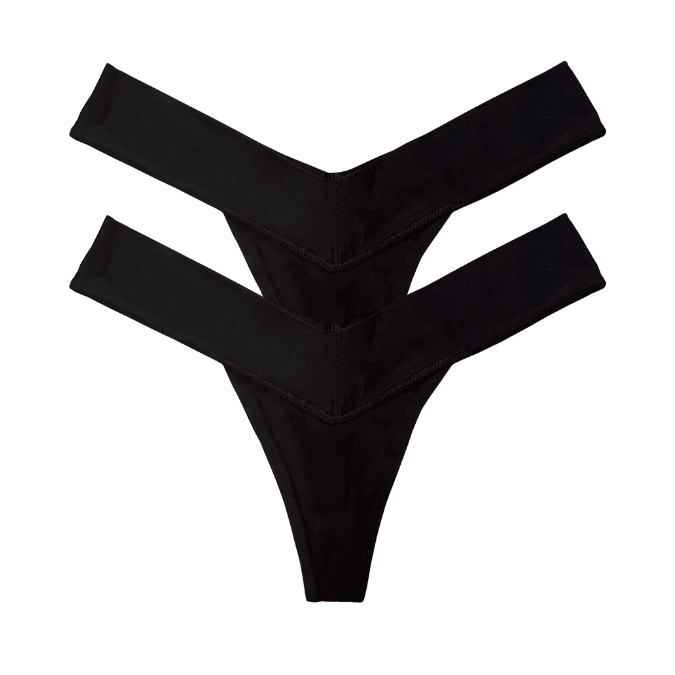 Two black V-shaped luxury women’s panties, multipack thong underwear, front view flat lay