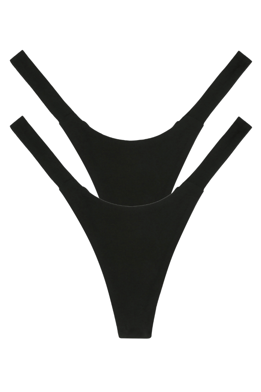 Two black seamless breathable women’s panties, multipack thong underwear, front view flat lay