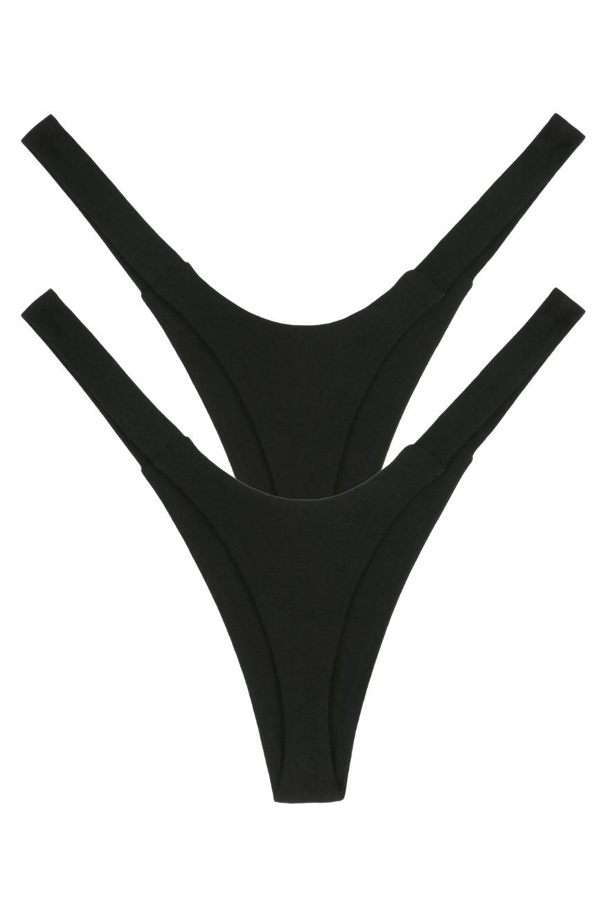 Two black seamless eco-friendly women’s thong underwear, multipack back view flat lay