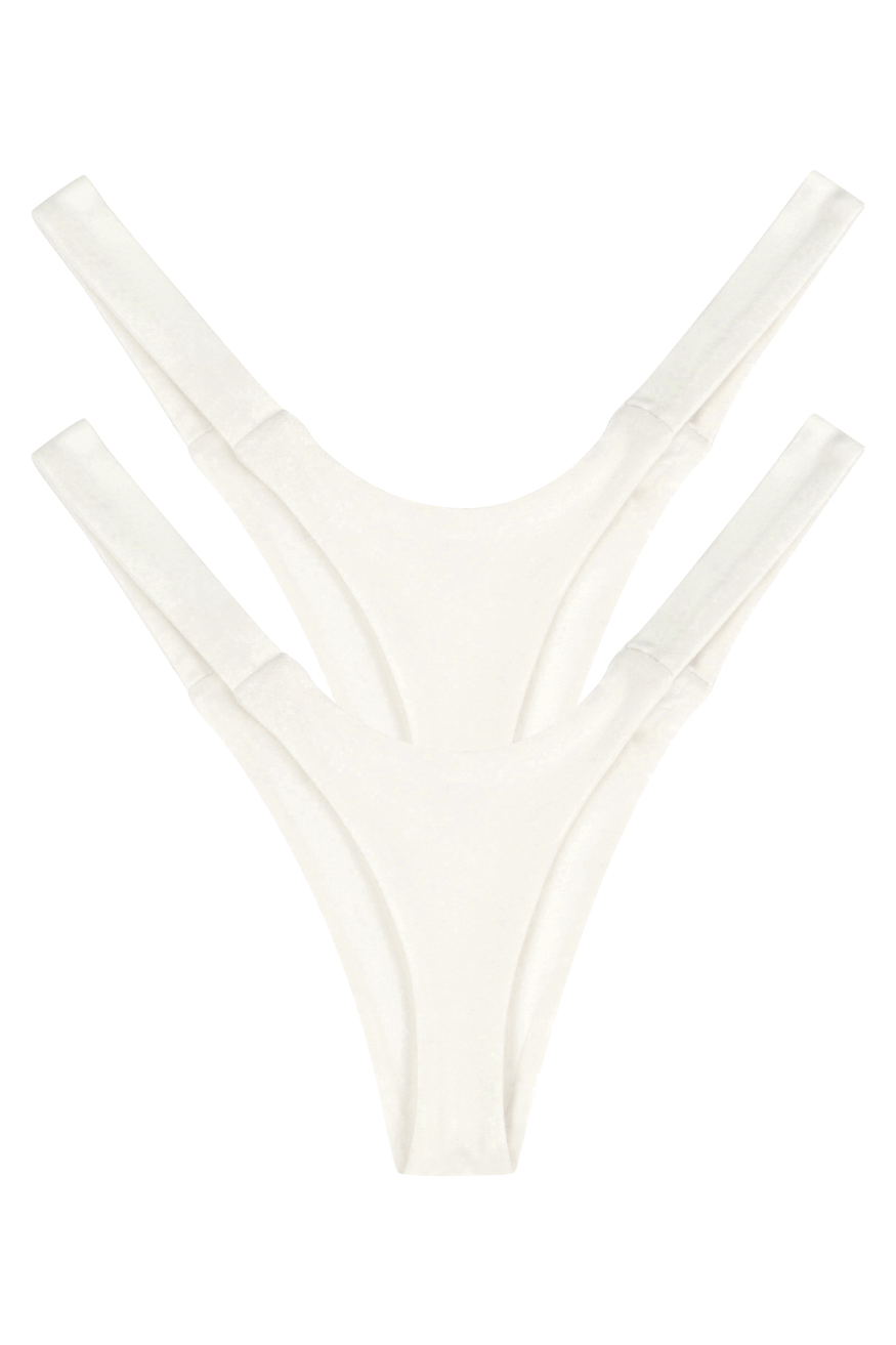Two white seamless eco-friendly women’s thong panties, multipack back view flat lay