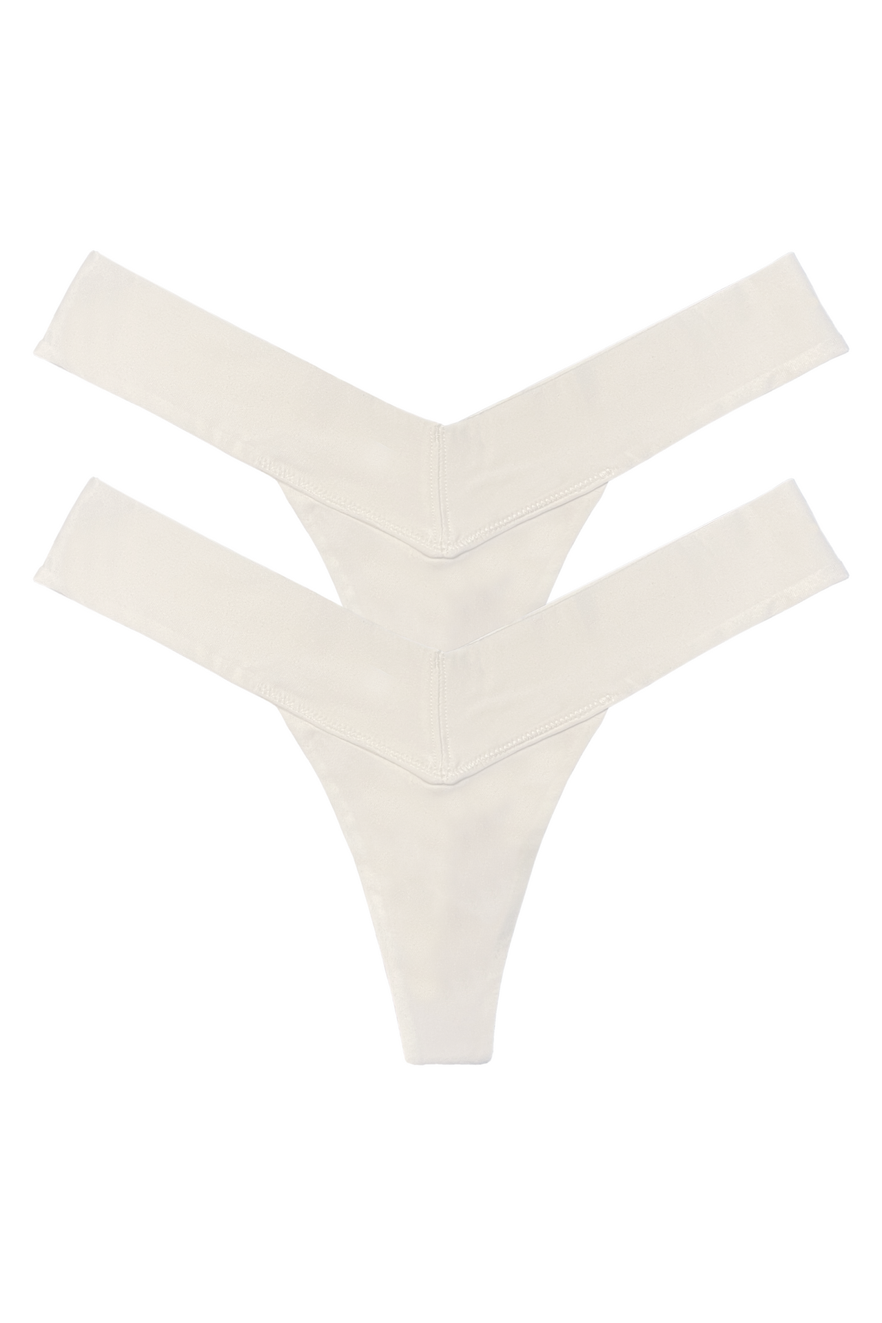 2 white V-shaped breathable women’s panties, multipack thong underwear, front view flat lay
