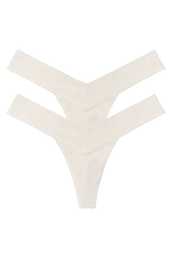 2 white V-shaped breathable women’s panties, multipack thong underwear, front view flat lay