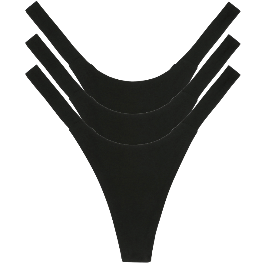 3 Black thong flat lay womens panties on a white background