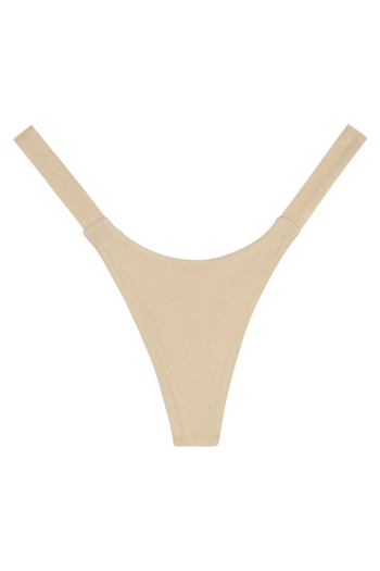 Beige seamless breathable thong underwear for women, front view flat lay