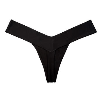 Black V-shaped eco-friendly women’s panty, back view flat lay photo