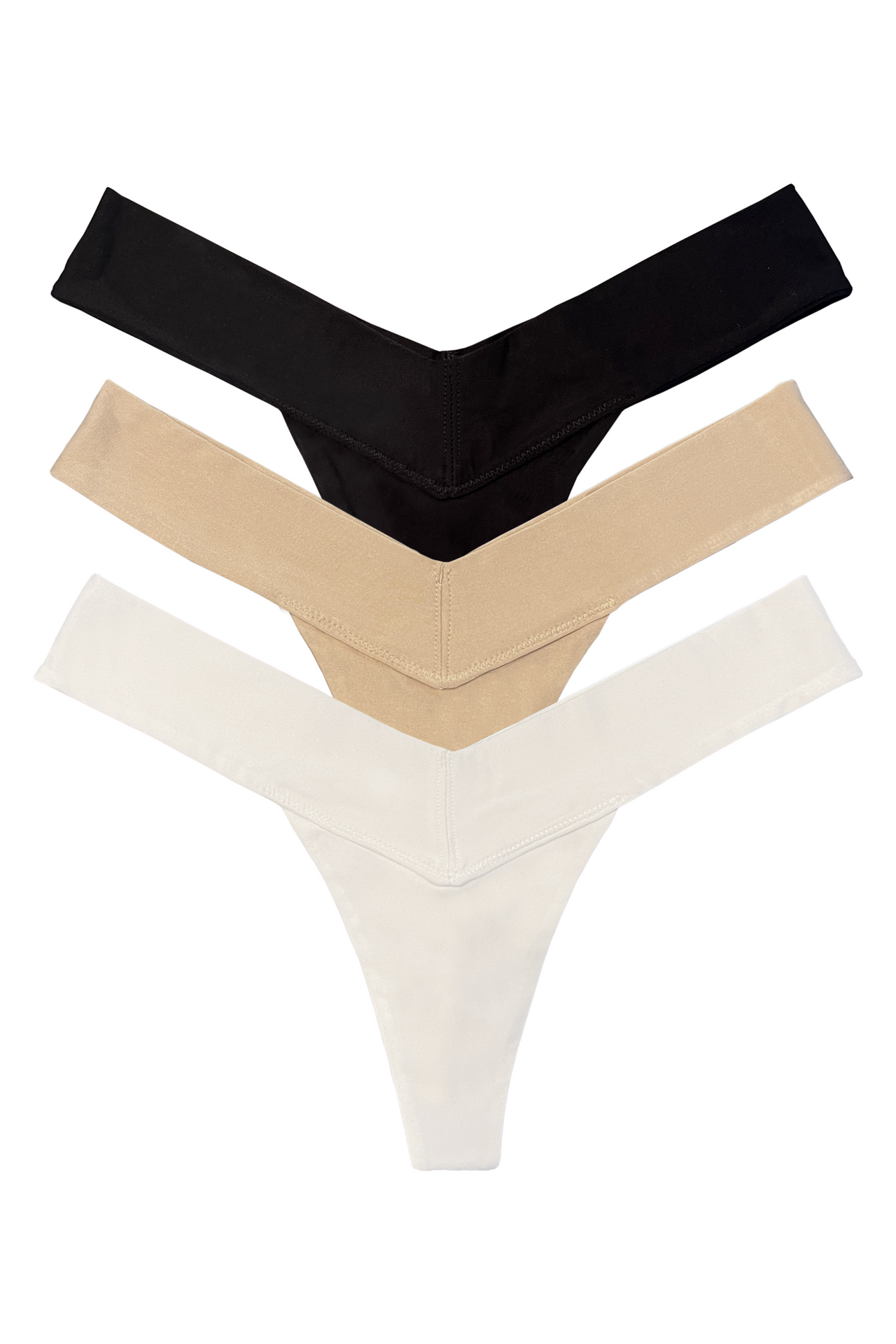 Natural fabric V-shaped women’s panty, 3-pack set in white, beige, and black, seamless design, flat lay front view
