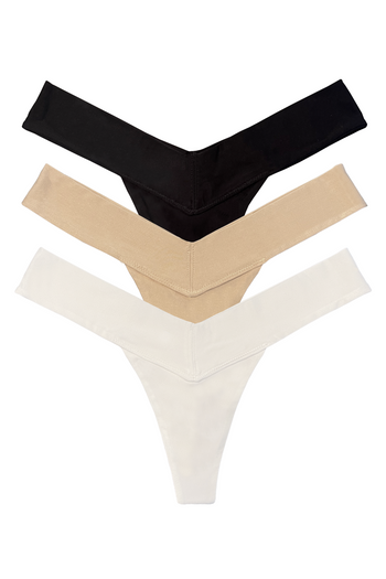 Natural fabric V-shaped women’s panty, 3-pack set in white, beige, and black, seamless design, flat lay front view
