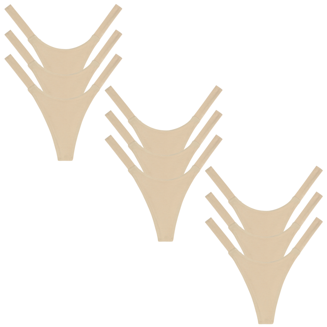 Three beige bikini sets on a white background