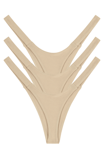 Three beige seamless natural fabric women’s thong panties, multipack back view flat lay