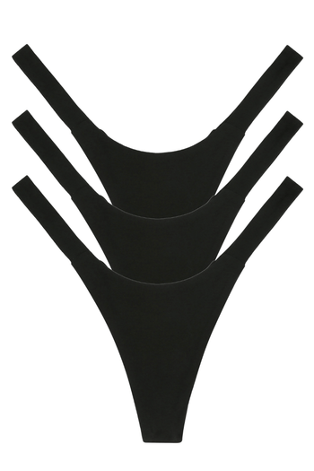 Three black seamless luxury women’s panties, multipack underwear thong set, front view flat lay