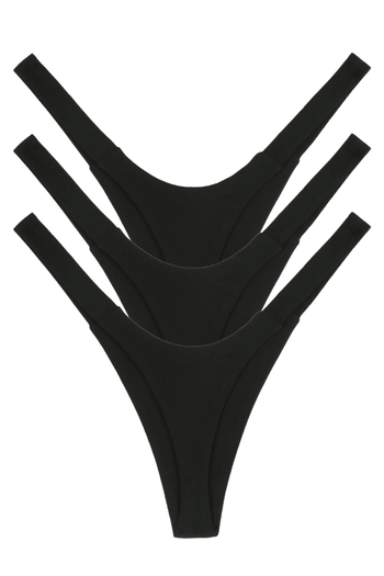 Three black seamless natural fabric women’s thong panties, multipack back view flat lay