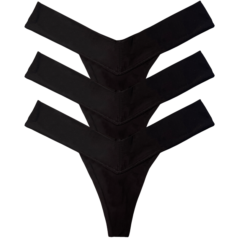 Three pairs of black thong panties stacked on a white background