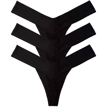 Three pairs of black thong panties stacked on a white background