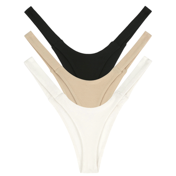 Three pairs of thong underwear in black, beige, and white on a white background
