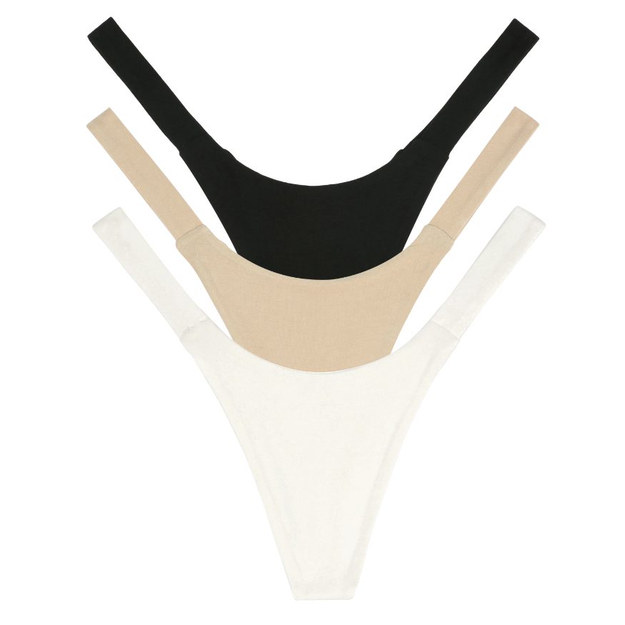 Three pairs of underwear in black, beige, and white on a white background