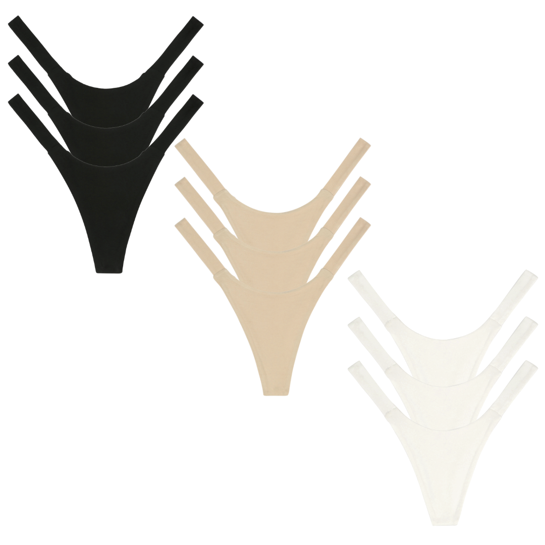 Three pairs of women's underwear in black, beige, and white on a white background