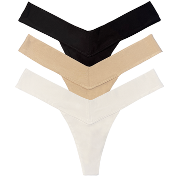 Three pairs of womens thongs in black, beige, and white on a white background