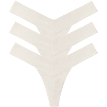 Three white V-shaped Tanboocel™ women’s underwear thongs, multipack flat lay, front view