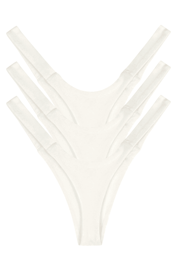 Three white seamless luxury women’s thongs, multipack underwear, back view flat lay
