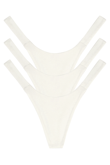 Three white seamless natural fabric women’s underwear panties, multipack front view flat lay