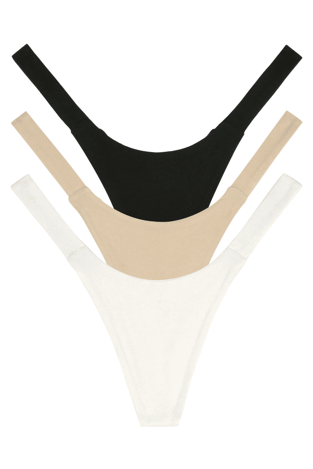 Three flat lay women's underwear seamless thongs in black, beige, and white colors.