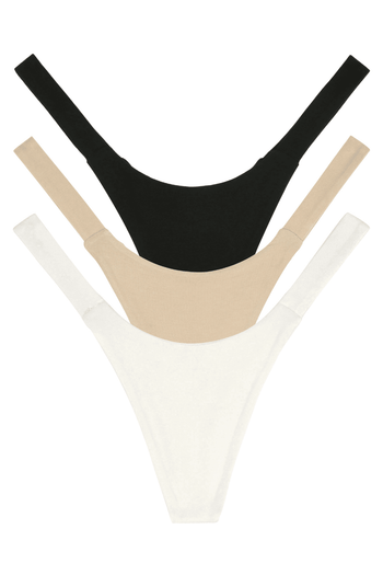 Three flat lay women's underwear seamless thongs in black, beige, and white colors.