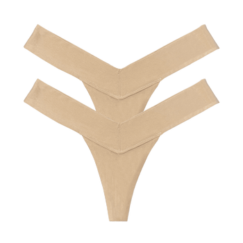 Two beige V-shaped luxury women’s panties, multipack underwear, front view flat lay