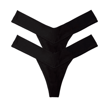 Two black V-shaped luxury women’s panties, multipack thong underwear, front view flat lay