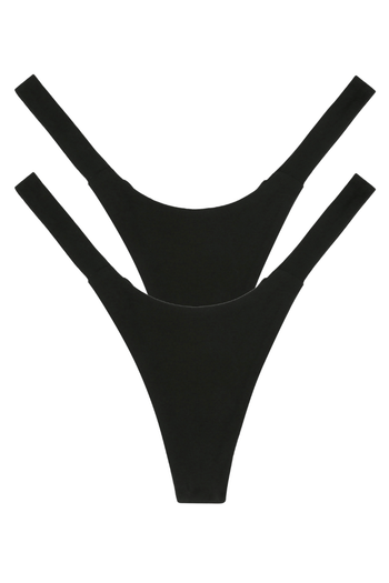 Two black seamless breathable women’s panties, multipack thong underwear, front view flat lay